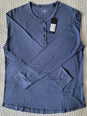 NWT DU/ER Men's 100% Cotton PurePima "Vintage" Henley In Washed Indigo Blue